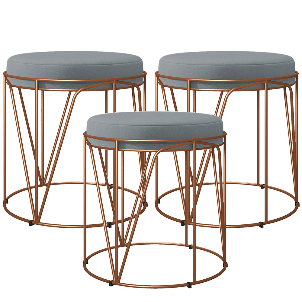 Kit 03 Puffs Decorativo Aramado Bronze Zaya L02 Suede Cinza - Lyam Decor