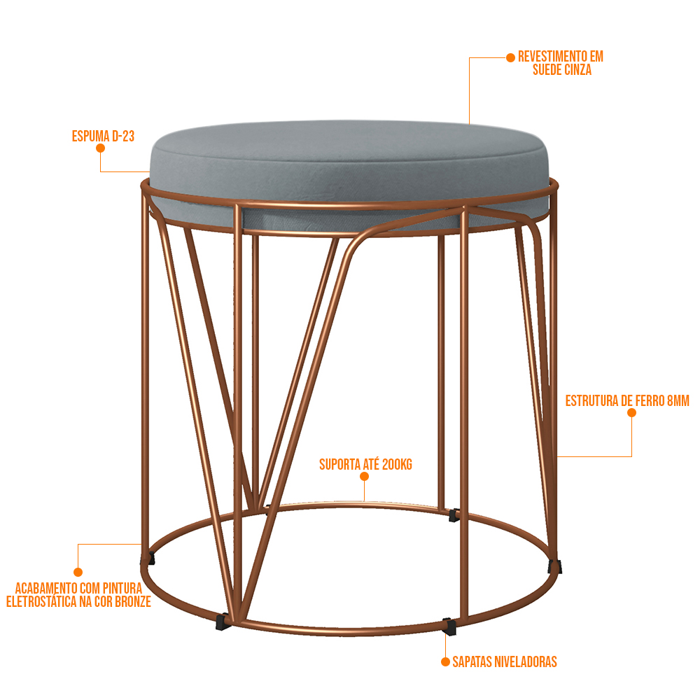 Kit 03 Puffs Decorativo Aramado Bronze Zaya L02 Suede Cinza - Lyam Decor