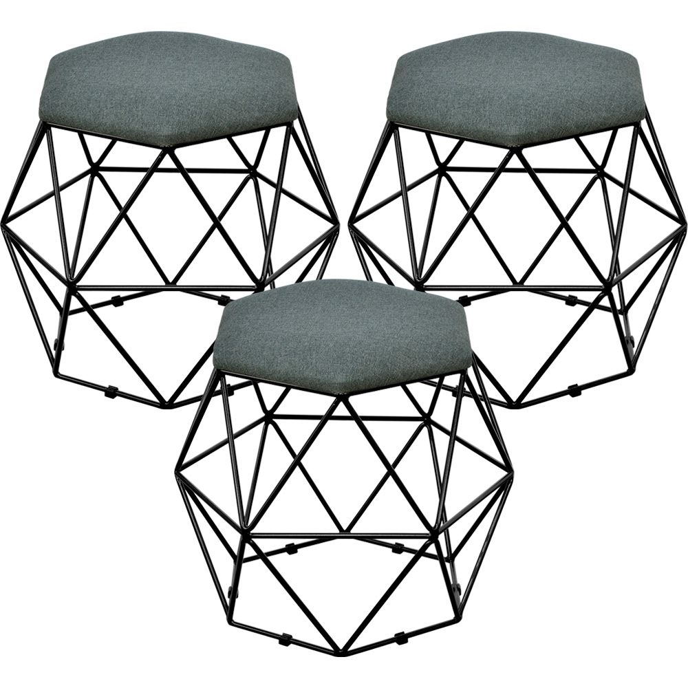 Kit 03 Puffs Decorativo Aramado Preto Six L02 Linho Chumbo - Lyam Decor