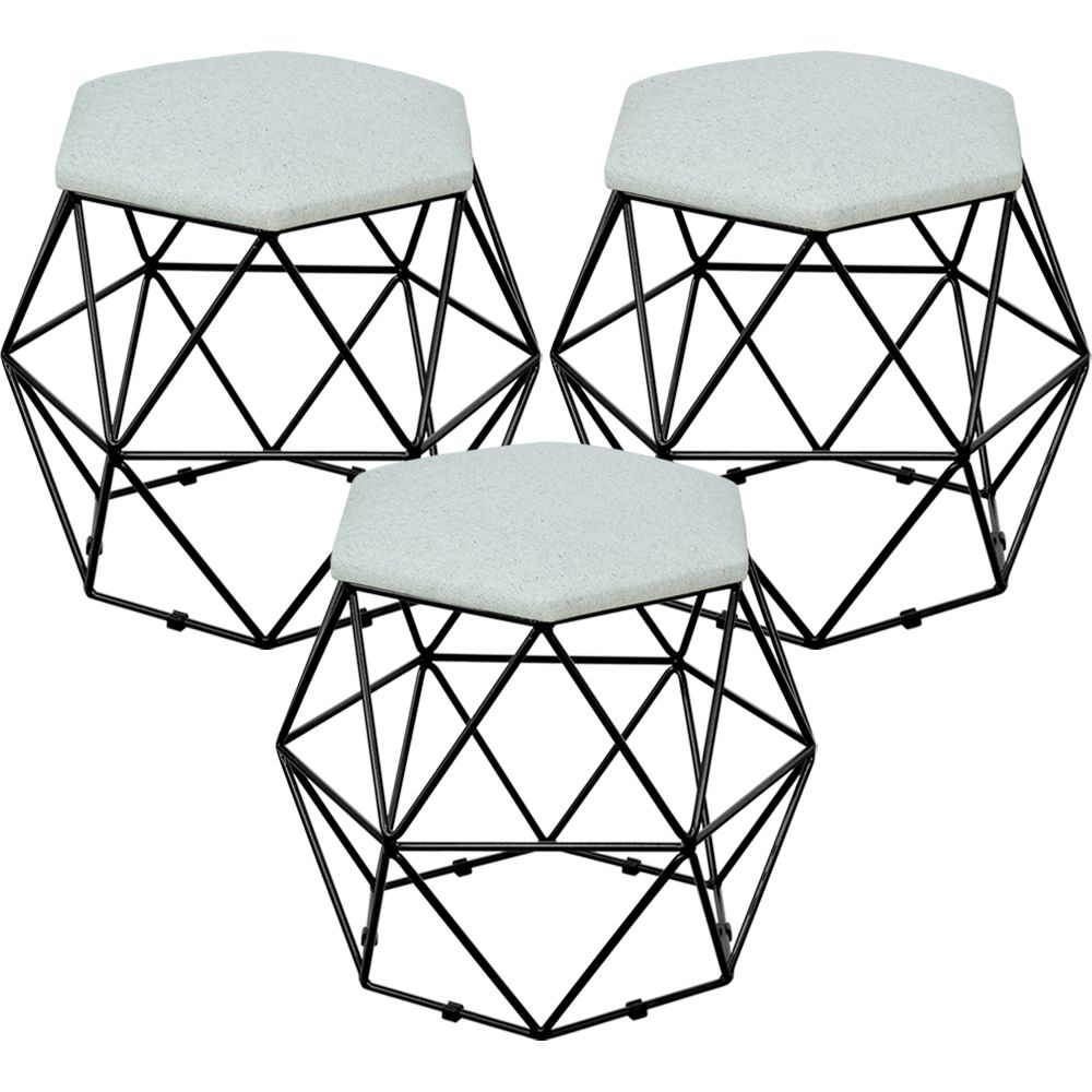 Kit 03 Puffs Decorativo Aramado Preto Six L02 Linho Cinza - Lyam Decor