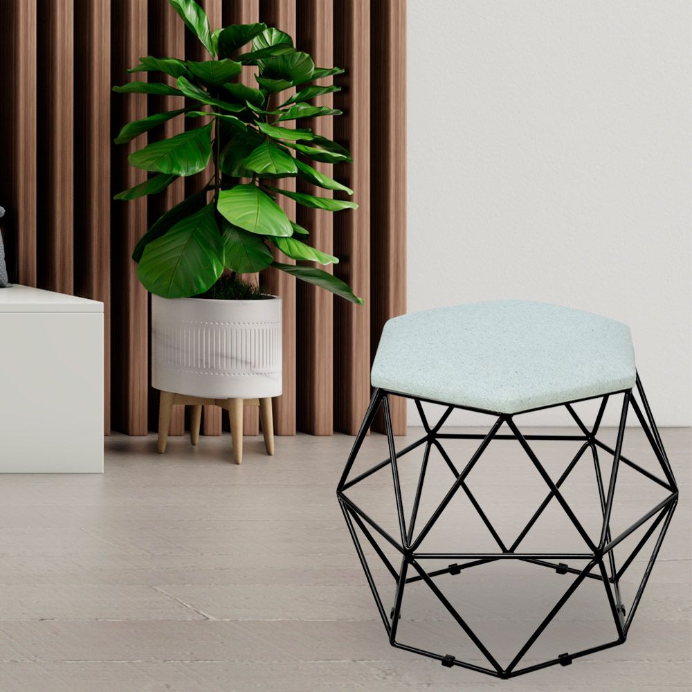 Kit 03 Puffs Decorativo Aramado Preto Six L02 Linho Cinza - Lyam Decor