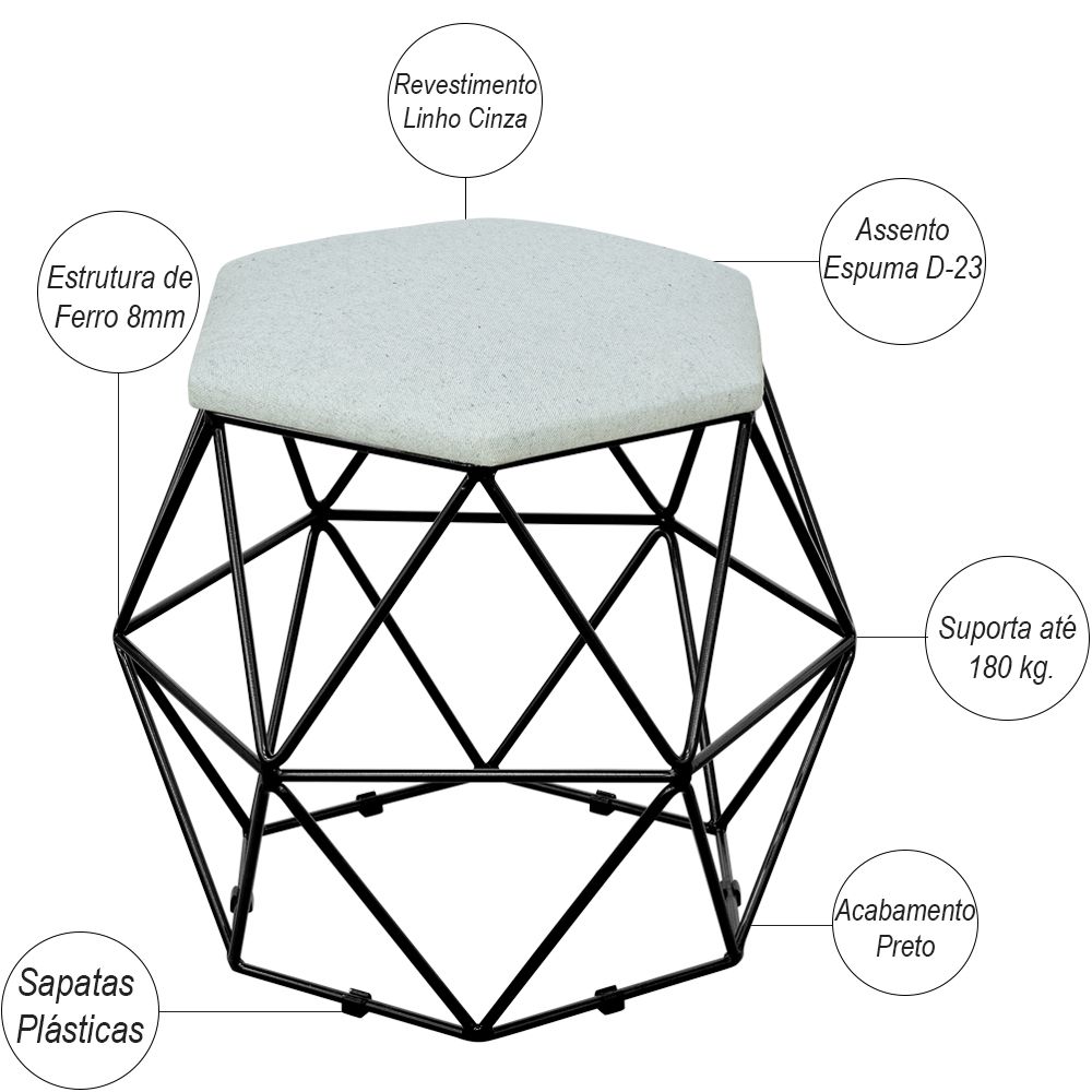Kit 03 Puffs Decorativo Aramado Preto Six L02 Linho Cinza - Lyam Decor
