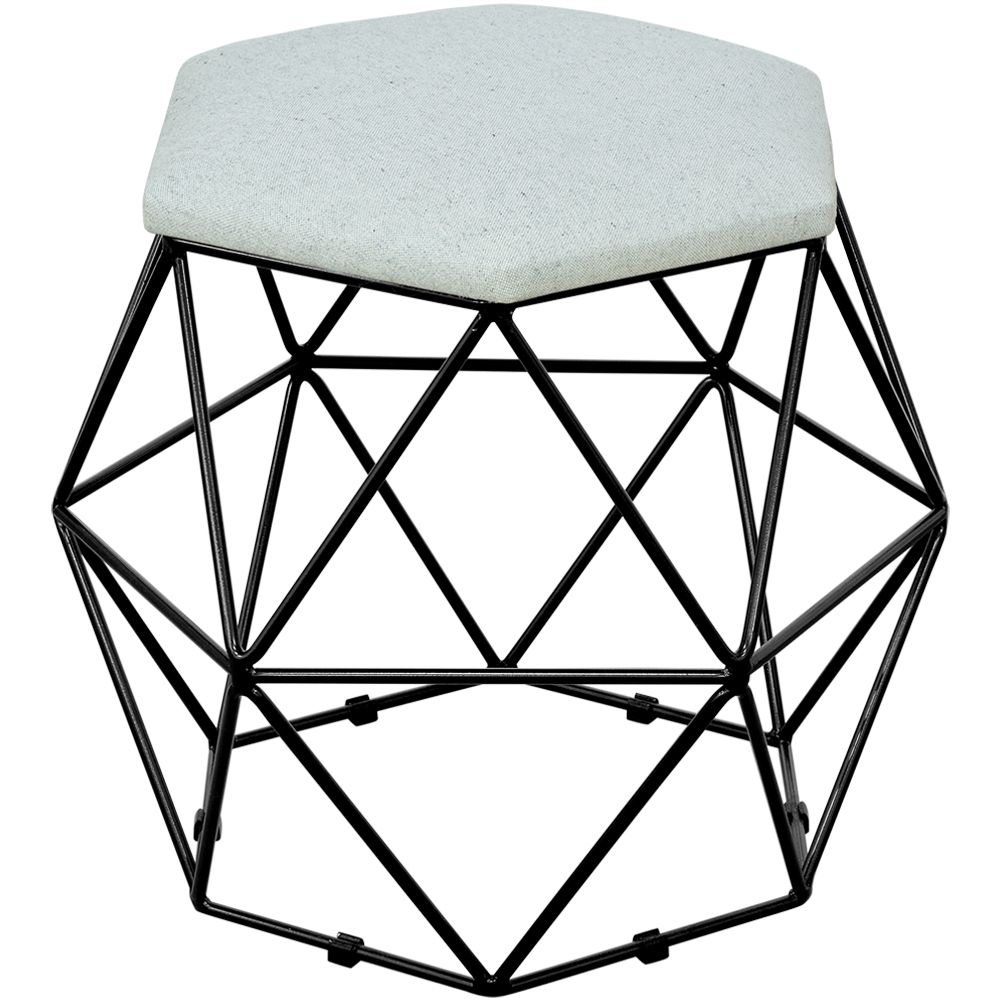 Kit 03 Puffs Decorativo Aramado Preto Six L02 Linho Cinza - Lyam Decor