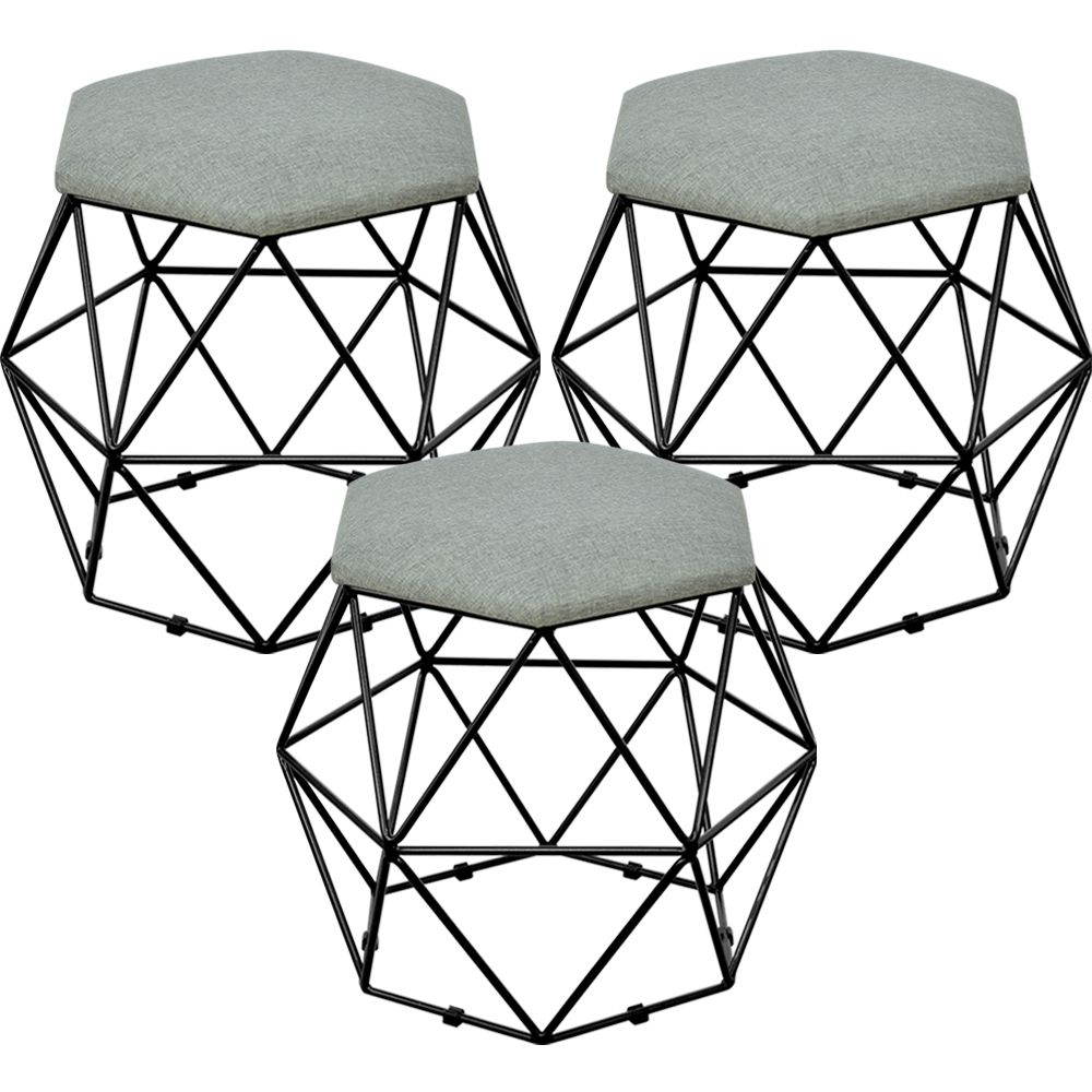 Kit 03 Puffs Decorativo Aramado Preto Six L02 Linho Cinza Escuro - Lyam Decor