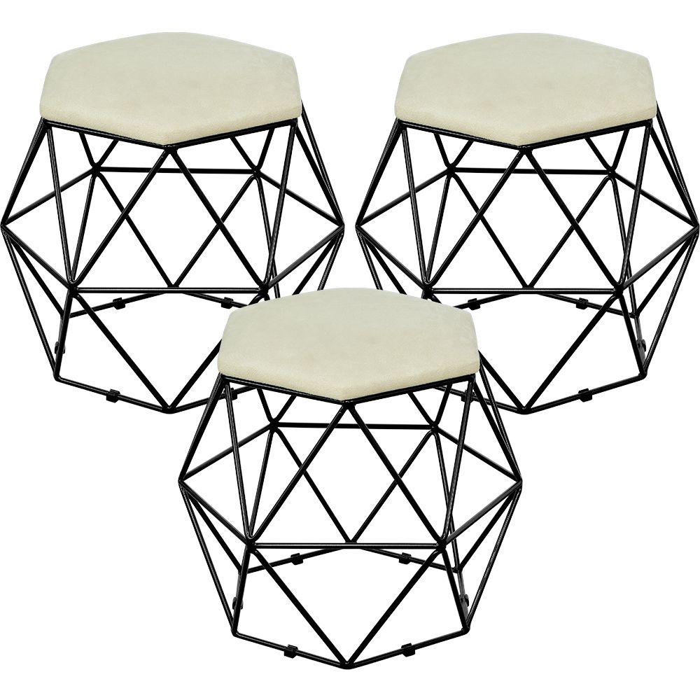 Kit 03 Puffs Decorativo Aramado Preto Six L02 Suede Bege - Lyam Decor