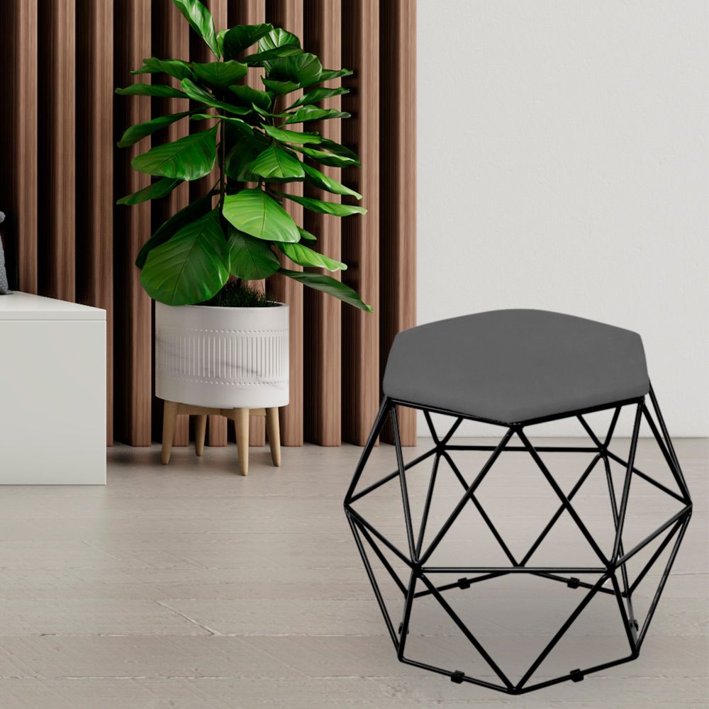 Kit 03 Puffs Decorativo Aramado Preto Six L02 Suede Cinza - Lyam Decor