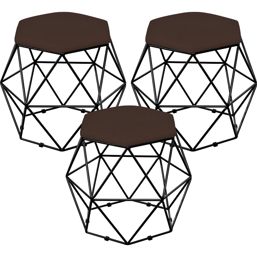 Kit 03 Puffs Decorativo Aramado Preto Six L02 Suede Marrom - Lyam Decor