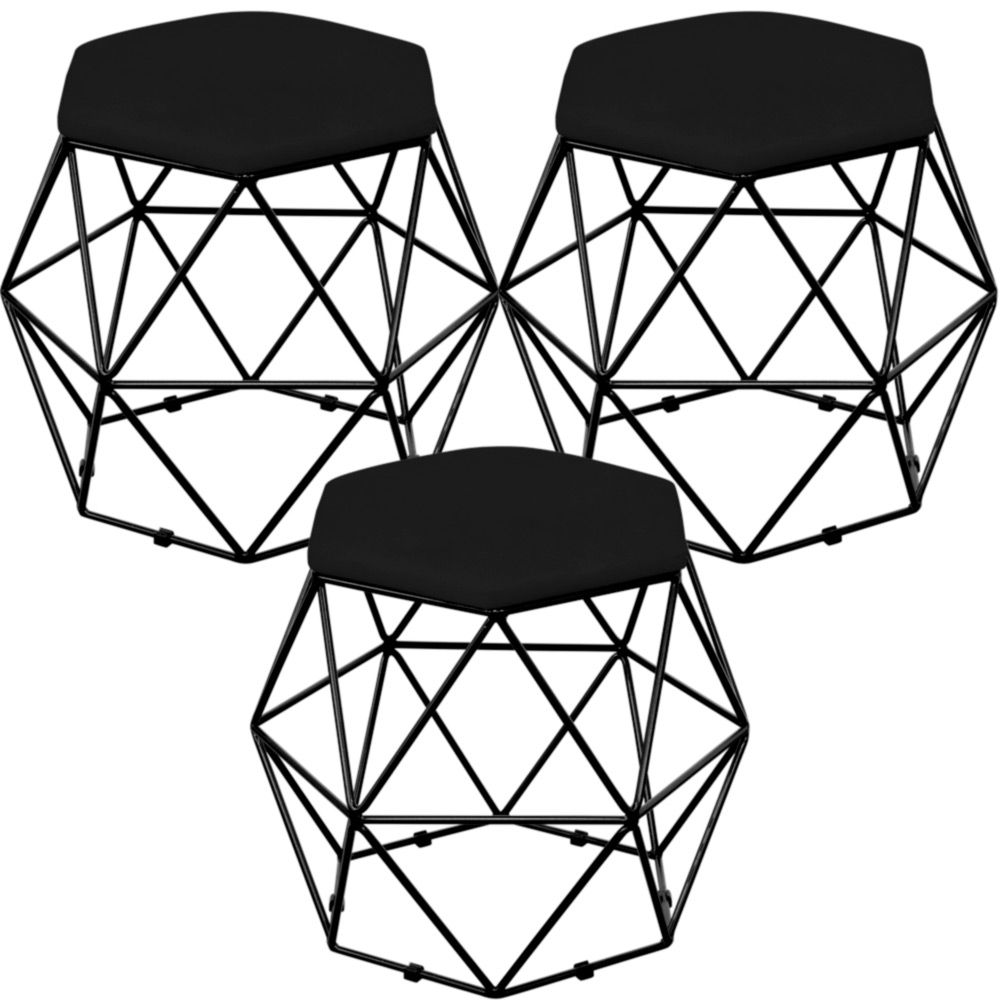 Kit 03 Puffs Decorativo Aramado Preto Six L02 Suede Preto - Lyam Decor