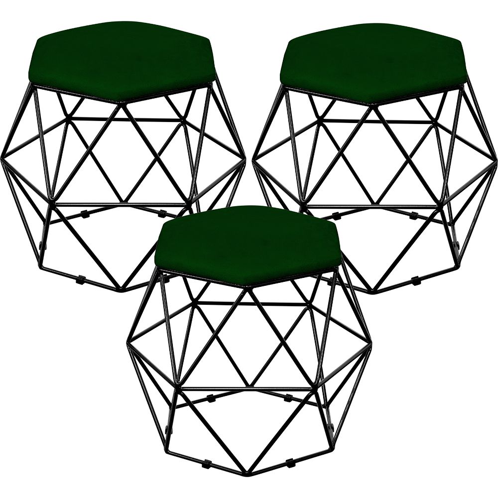 Kit 03 Puffs Decorativo Aramado Preto Six L02 Suede Verde Musgo - Lyam Decor