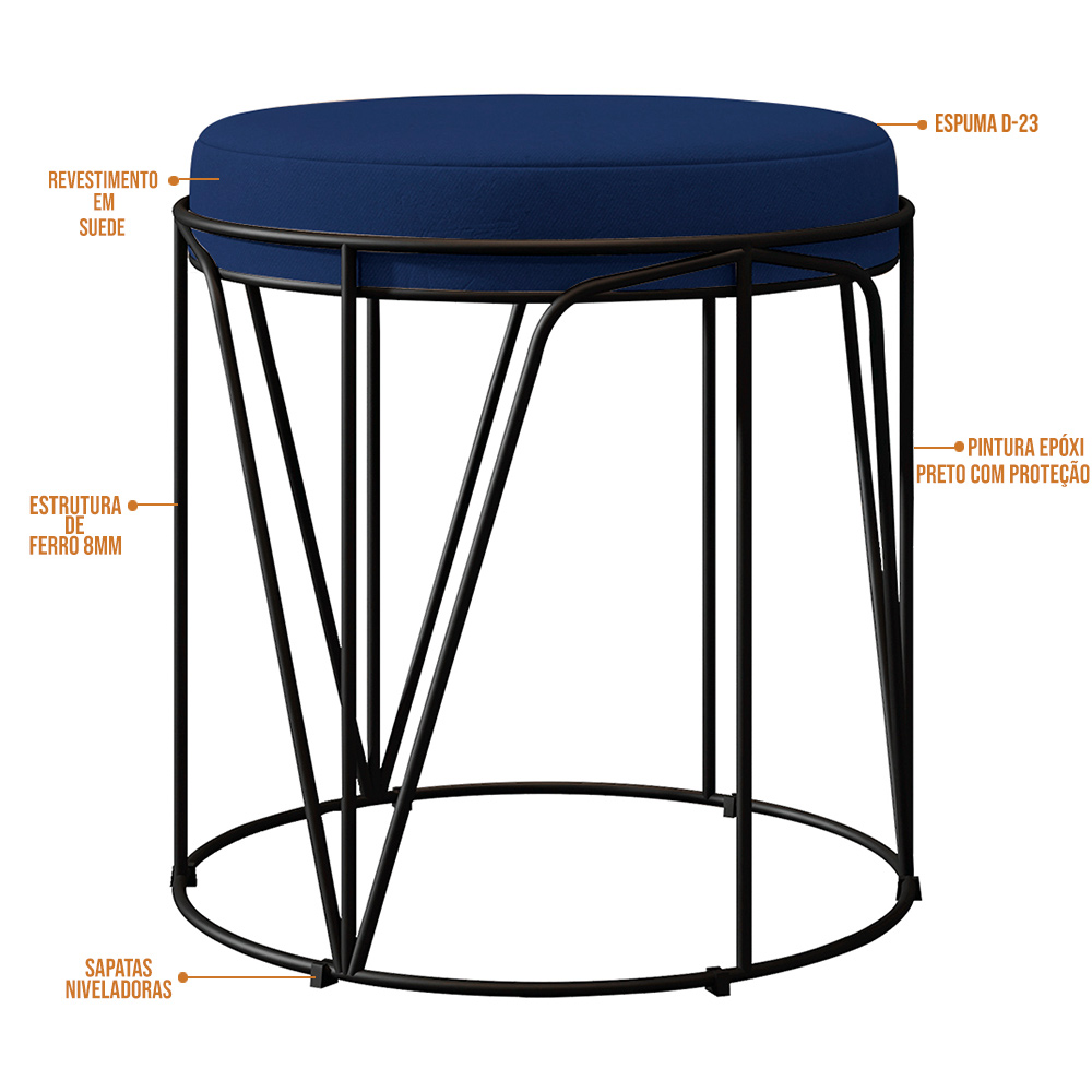 Kit 03 Puffs Decorativo Aramado Preto Zaya L02 Suede Azul Marinho - Lyam Decor