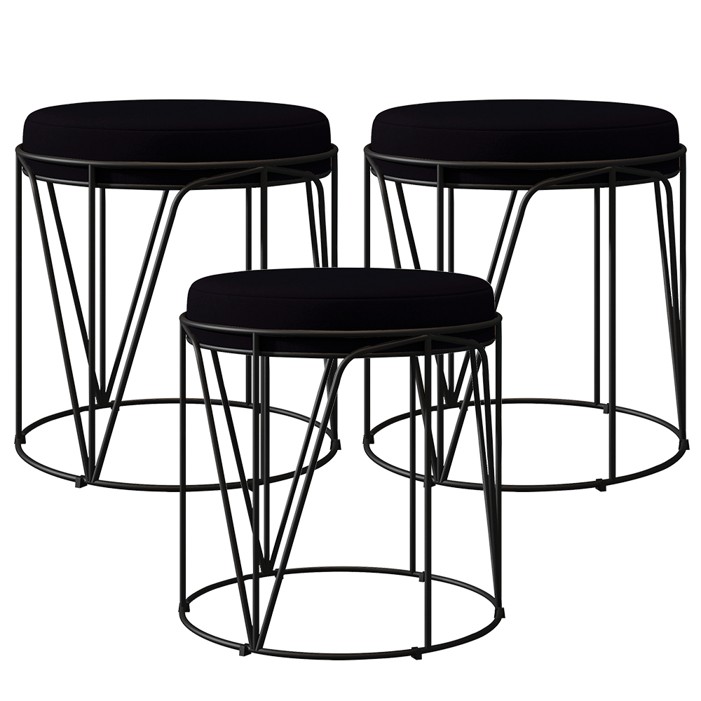 Kit 03 Puffs Decorativo Aramado Preto Zaya L02 Suede Preto - Lyam Decor