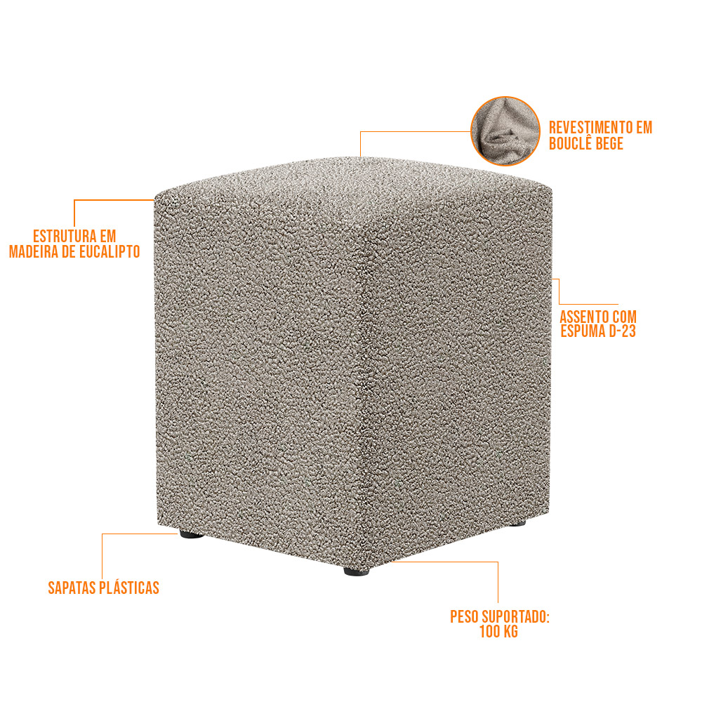 Kit 03 Puffs Quadrado Decorativo L02 Bouclê Bege - Lyam Decor