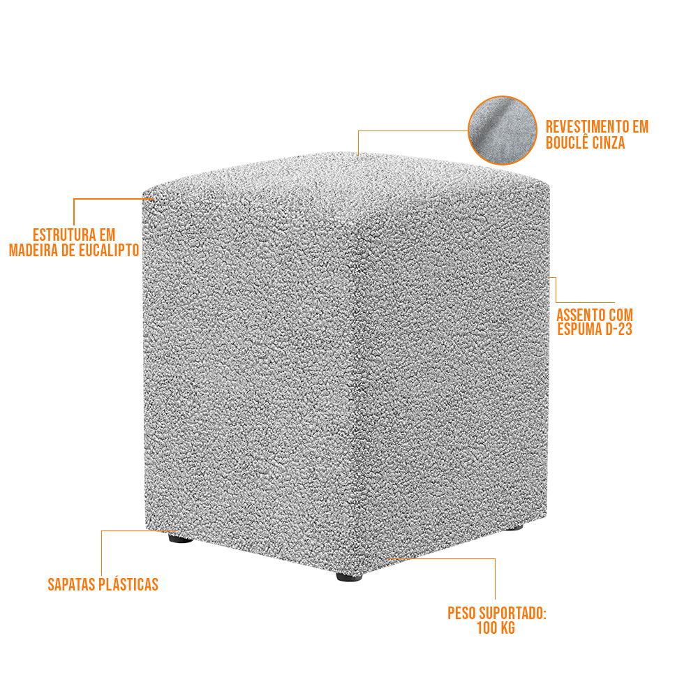 Kit 03 Puffs Quadrado Decorativo L02 Bouclê Cinza - Lyam Decor