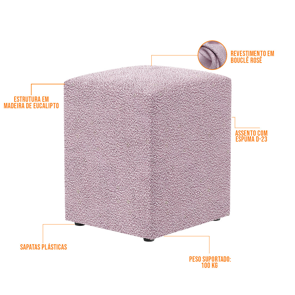 Kit 03 Puffs Quadrado Decorativo L02 Bouclê Rosê - Lyam Decor