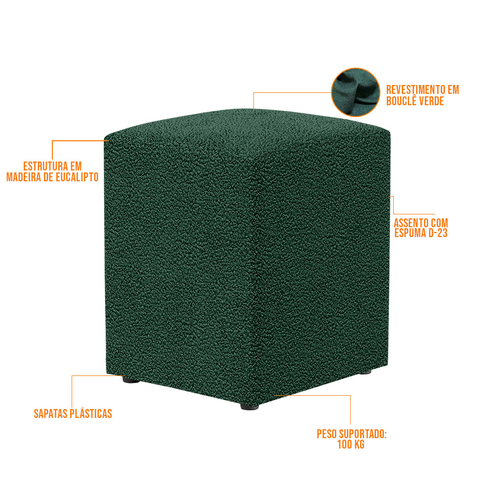 Kit 03 Puffs Quadrado Decorativo L02 Bouclê Verde - Lyam Decor
