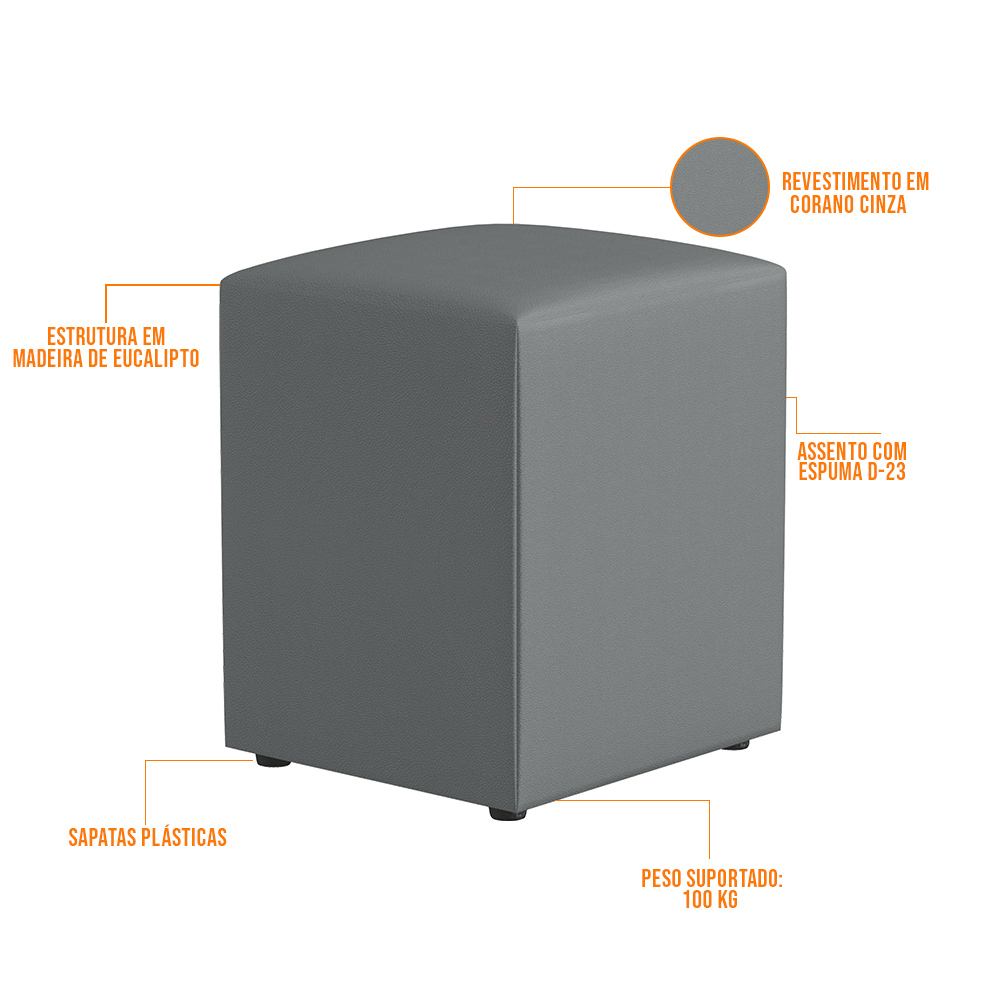 Kit 03 Puffs Quadrado L02 Decorativo Corano Cinza - Lyam Decor