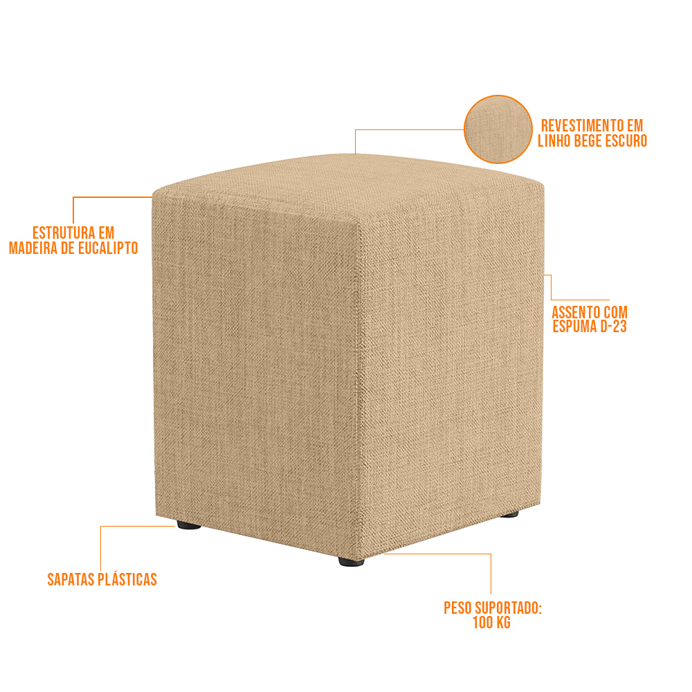 Kit 03 Puffs Quadrado L02 Decorativo Linho Bege Escuro - Lyam Decor