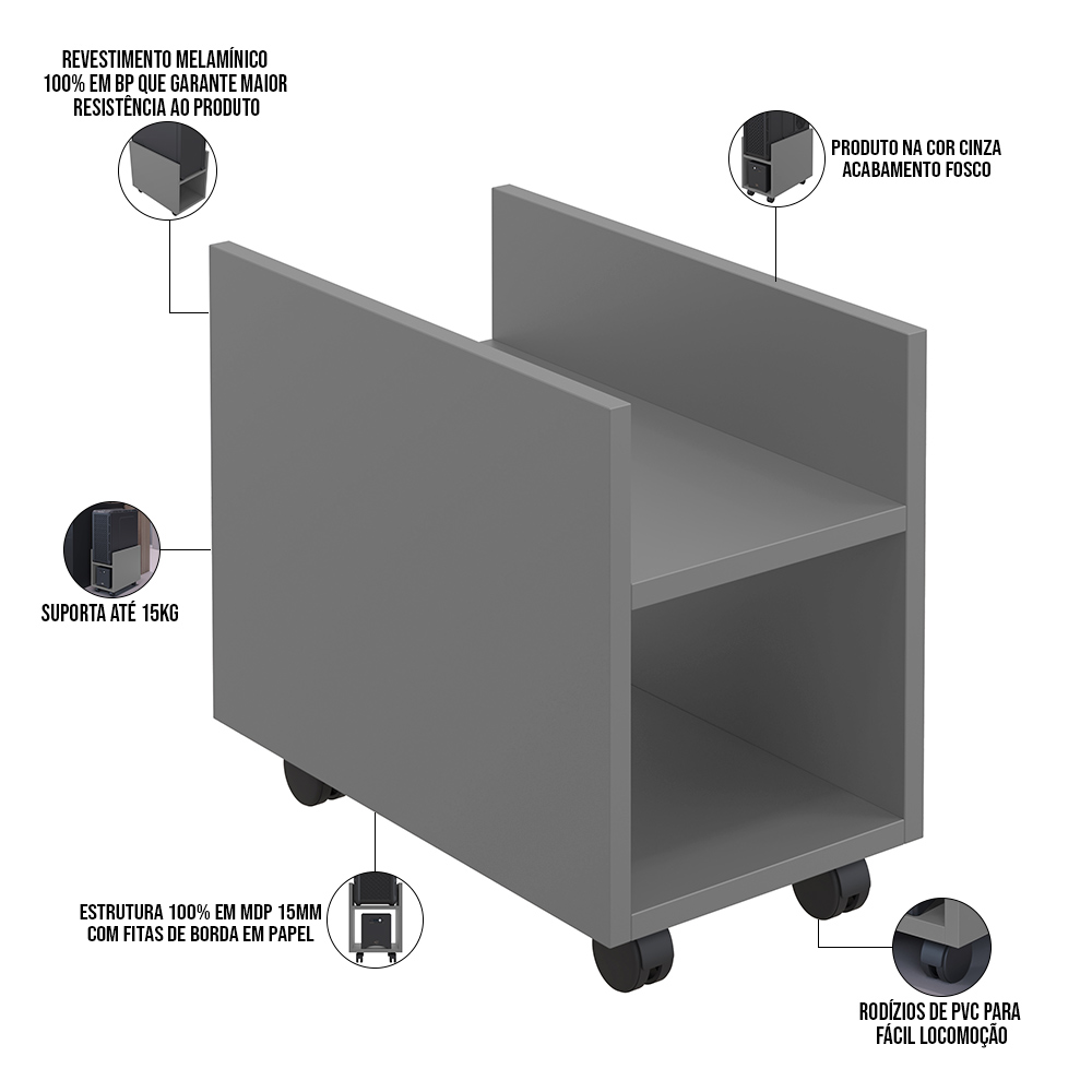 Kit 03 Suportes Para Cpu E Nobreak Com Rodízios Guide L03 Cinza - Lyam