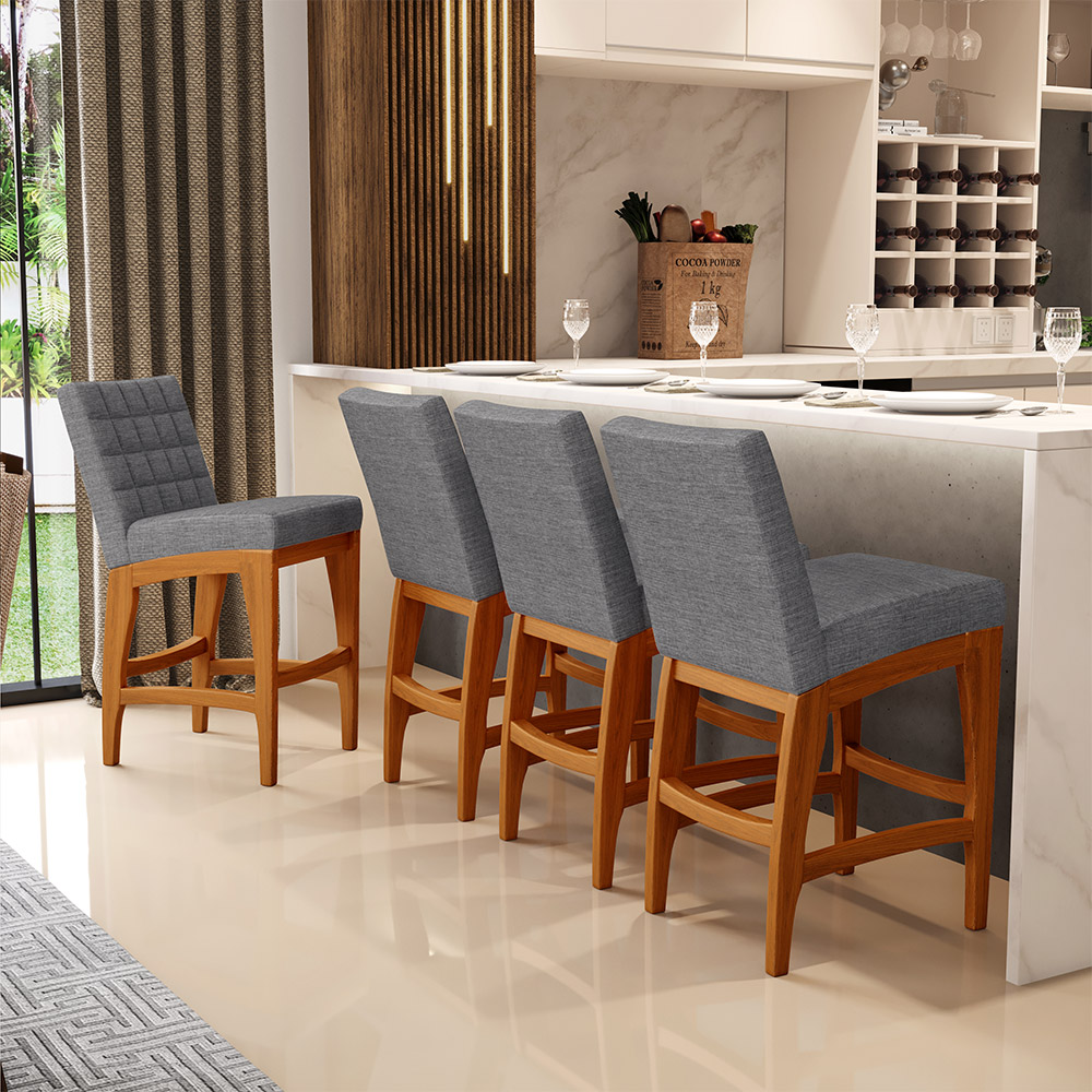 Kit 04 Banqueta Baixa Cozinha Bancada Bar Sala Jantar Fixa Mila L02 Linho Cinza Escuro - Lyam Decor