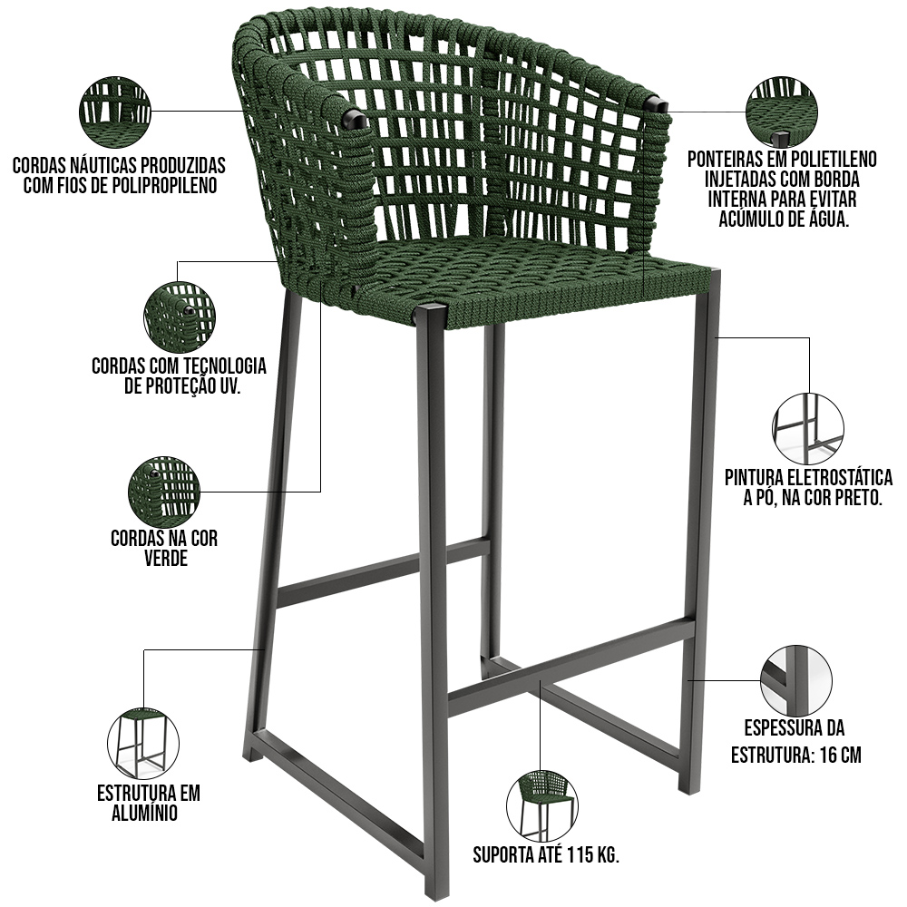 Kit 04 Banqueta Para Área Gourmet Cozinha Varanda Corda Náutica Porto D04 Verde - Lyam Decor