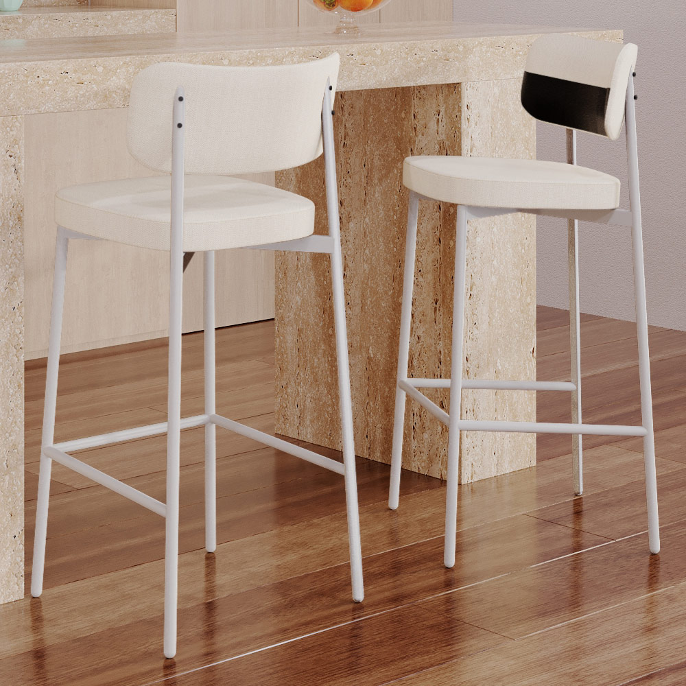 Kit 04 Banquetas Alta Bar Cozinha Sala De Jantar Aço Branco Kaira C01 Linho Palha Courino Preto - Lyam Decor