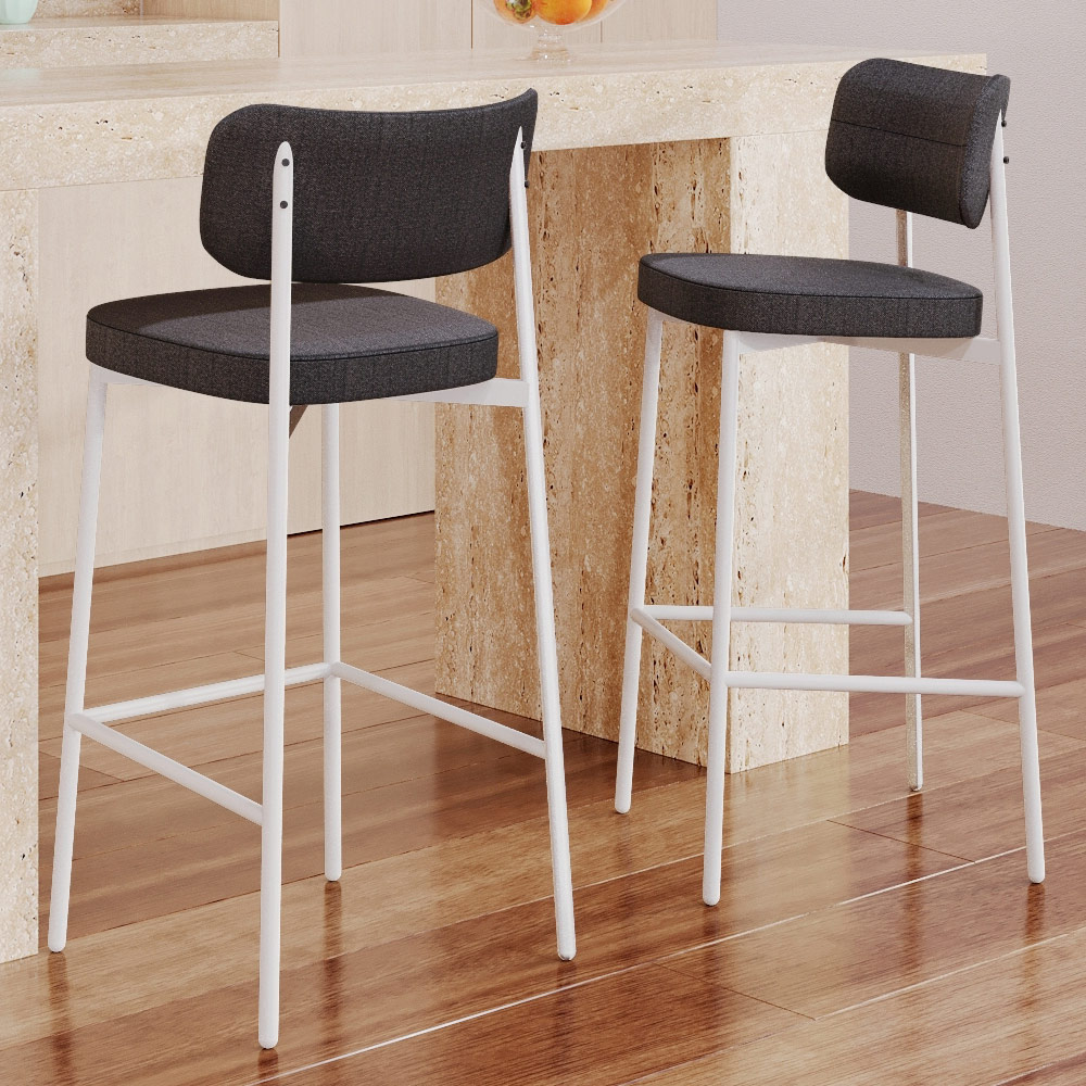 Kit 04 Banquetas Alta Bar Cozinha Sala De Jantar Aço Branco Kaira C01 Linho Preto - Lyam Decor