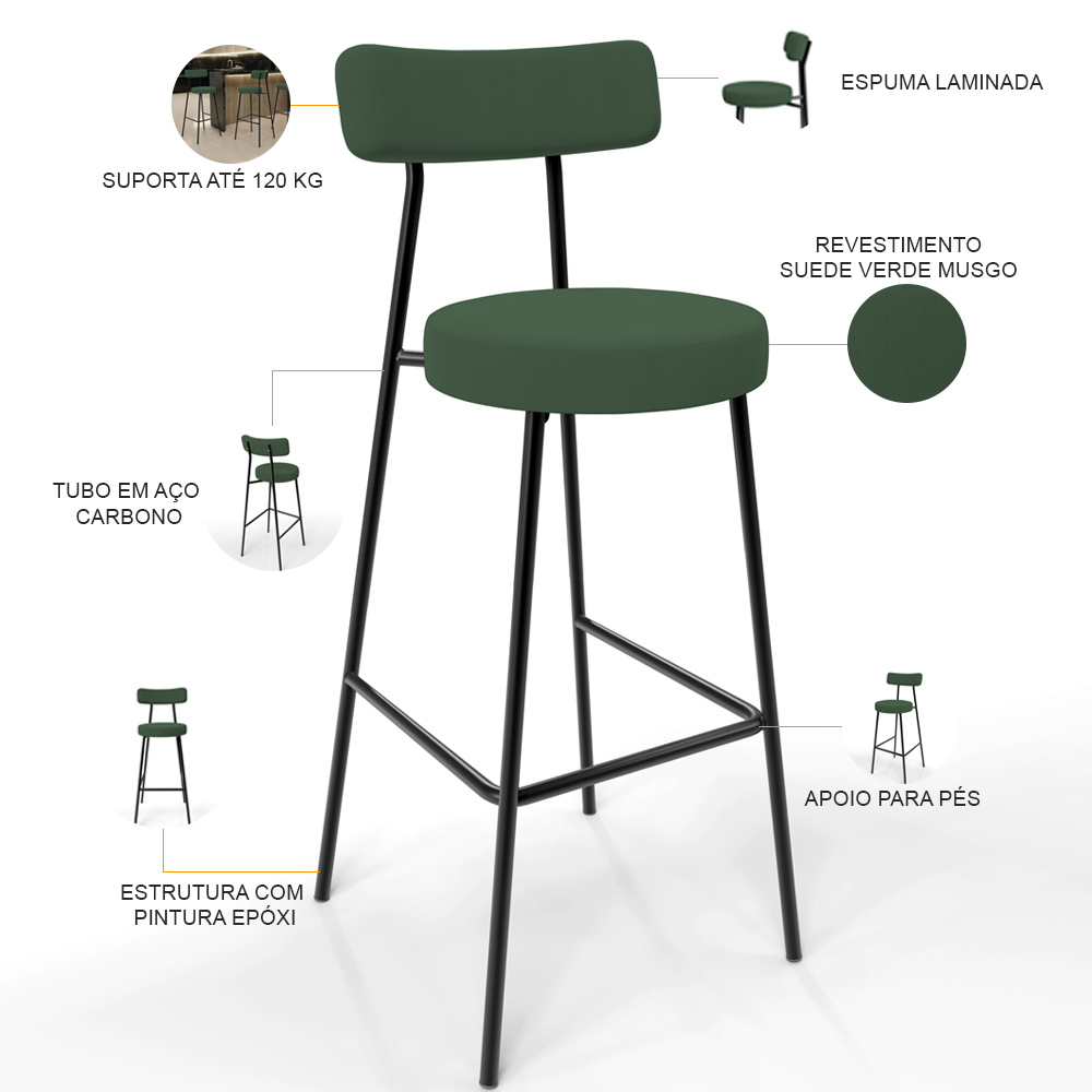 Kit 04 Banquetas Alta Bar Cozinha Sala De Jantar Em Aço Milão F01 Suede Verde Musgo - Lyam Decor