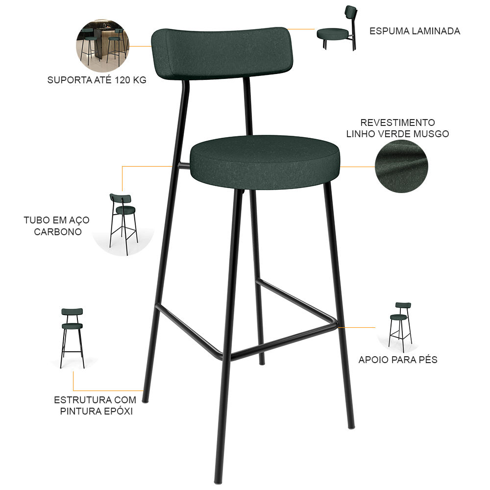 Kit 04 Banquetas Alta Bar Cozinha Sala De Jantar Em Aço Milão L02 Linho Verde Musgo - Lyam Decor