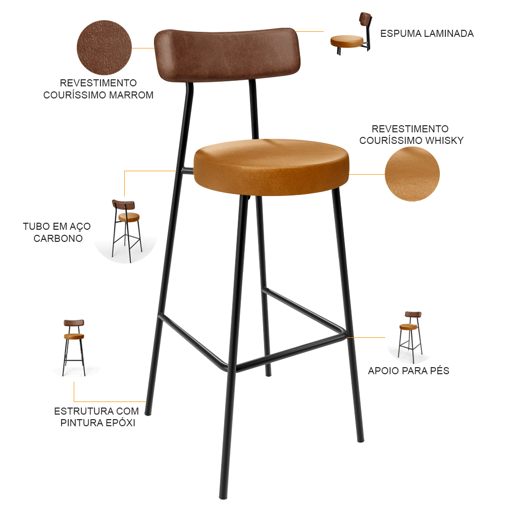 Kit 04 Banquetas Alta Bar Cozinha Sala De Jantar Milão L02 Couríssimo Marrom Whisky - Lyam Decor