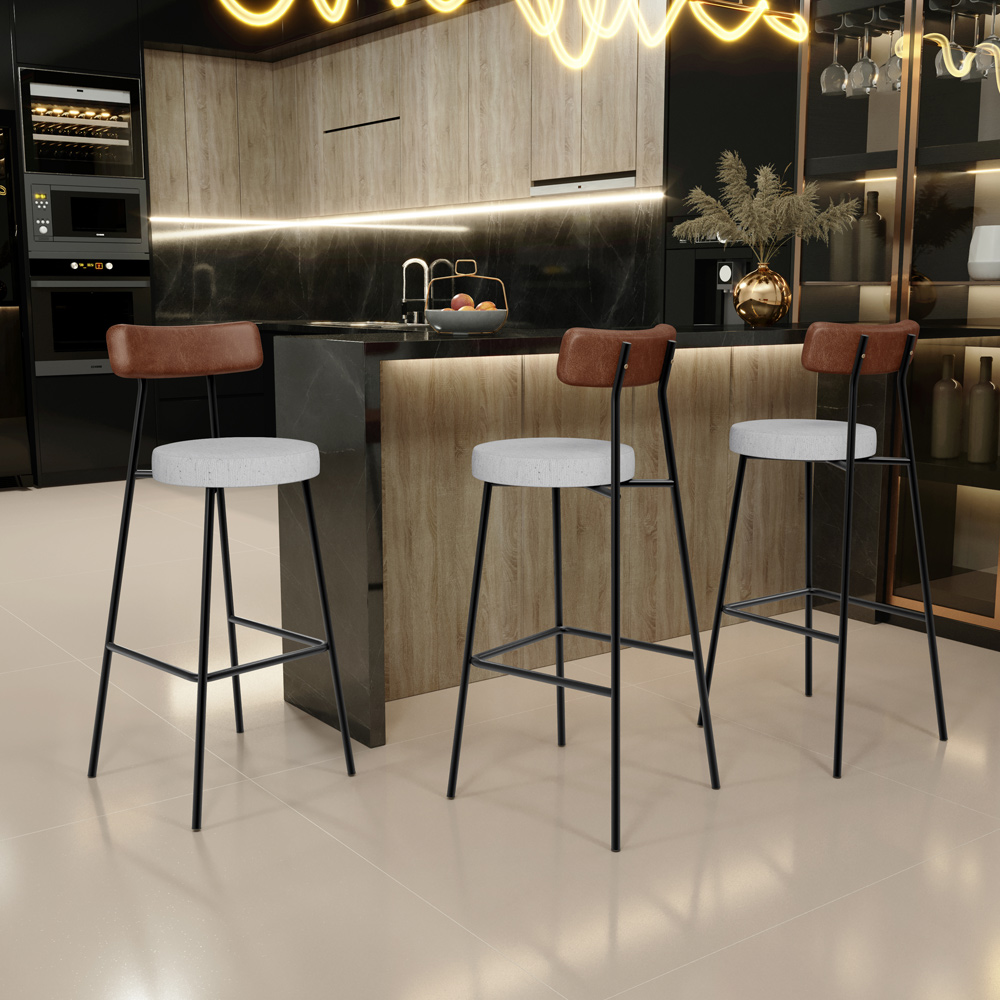 Kit 04 Banquetas Alta Bar Cozinha Sala Jantar Milão L02 Couríssimo Marrom Linho Cinza - Lyam Decor
