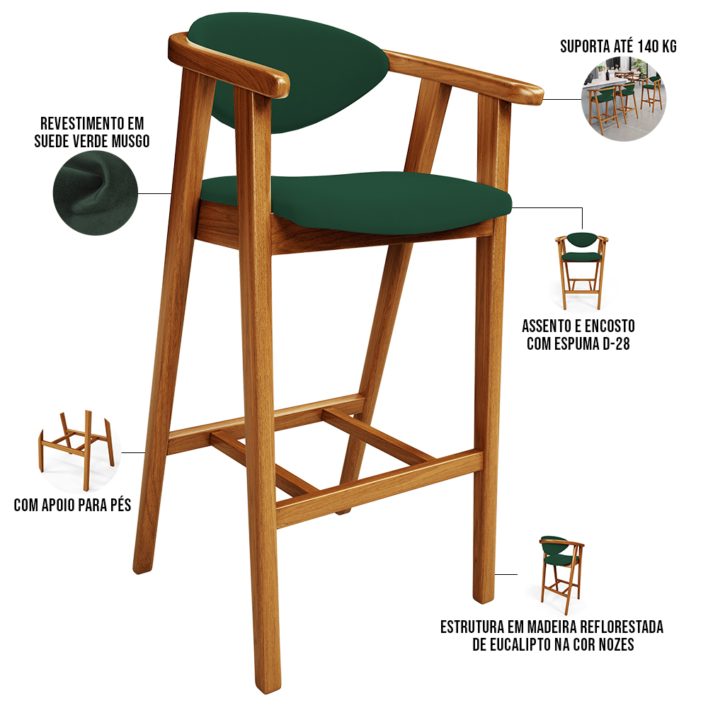 Kit 04 Banquetas Alta Cozinha Bancada Bar Sala de Jantar Fixa Cecília L02 Suede Verde Musgo - Lyam