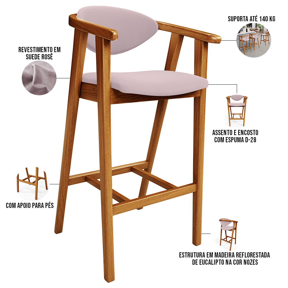 Kit 04 Banquetas Alta Para Cozinha Bancada Bar Sala de Jantar Fixa Cecília L02 Suede Rosê - Lyam