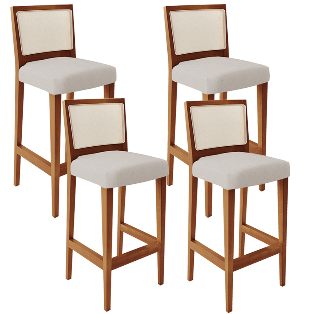 Kit 04 Banquetas Alta Para Cozinha Encosto em Tela Branco Zion L02 Linho Cru - Lyam Decor