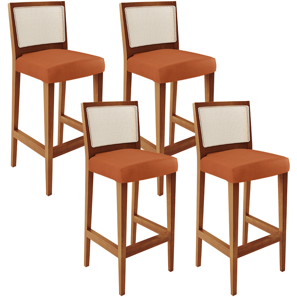 Kit 04 Banquetas Alta Para Cozinha Encosto em Tela Branco Zion L02 Tecido Terracota - Lyam Decor