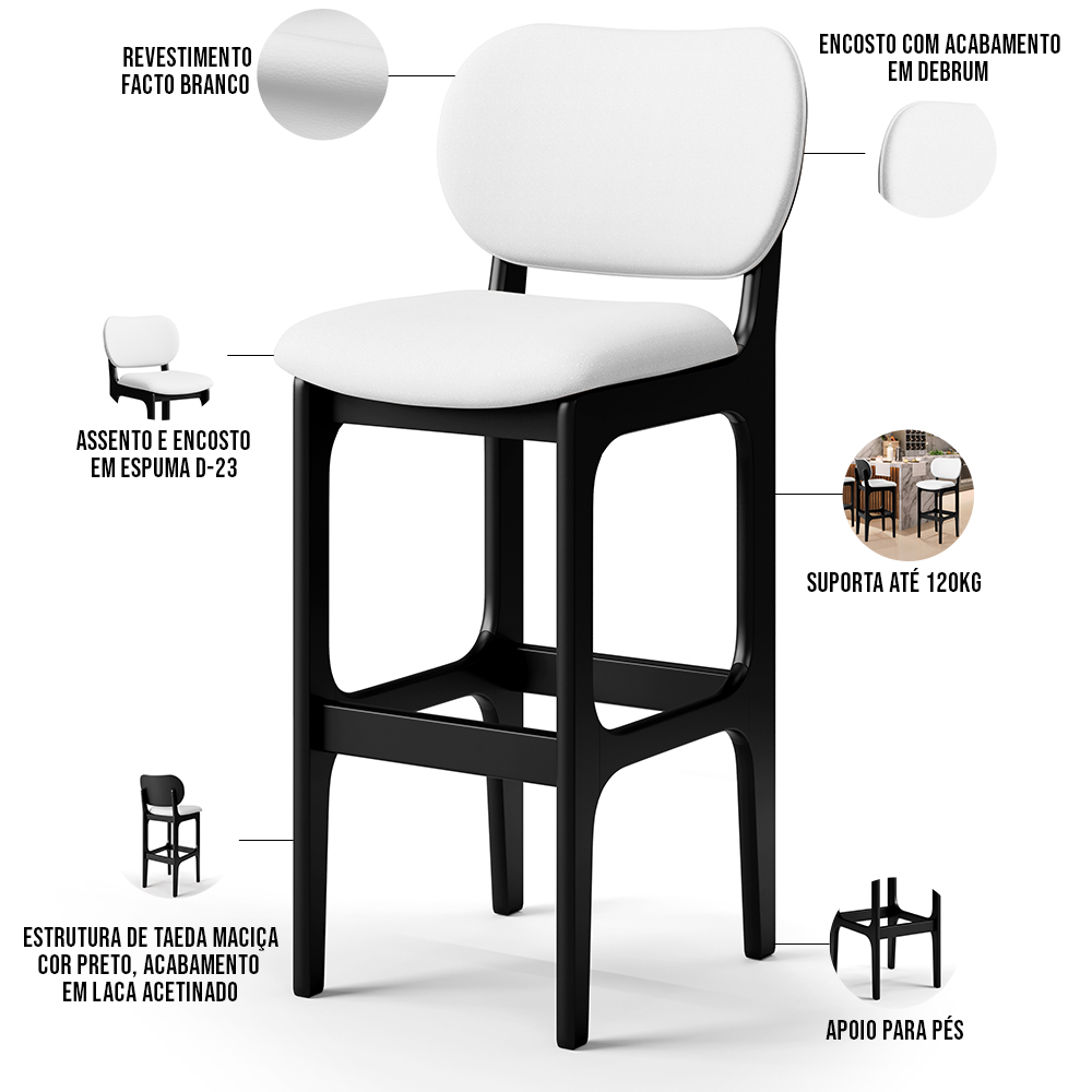 Kit 04 Banquetas Alta Para Cozinha Madeira Fixa Betta L02 Preto Facto Branco - Lyam Decor