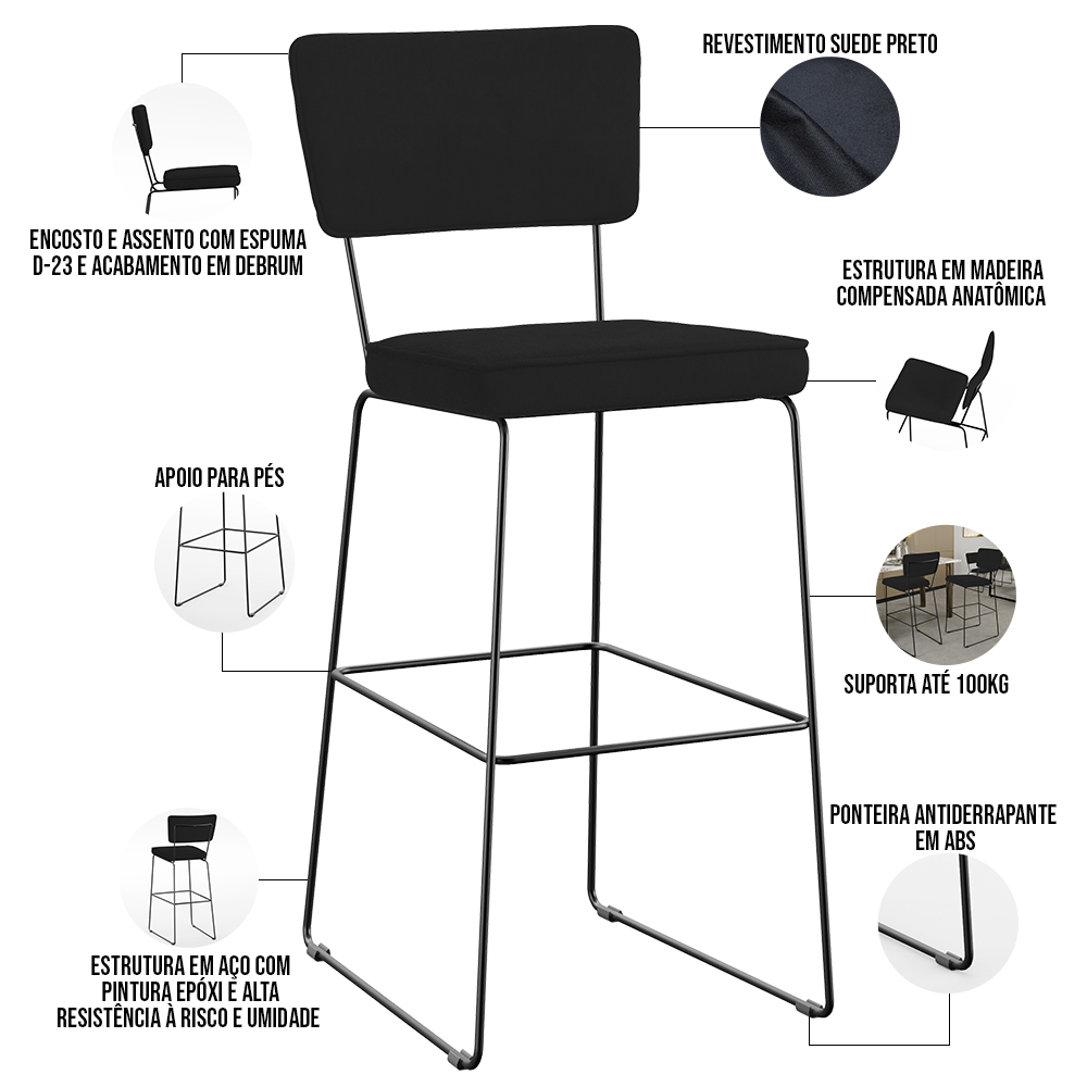 Kit 04 Banquetas Alta Para Cozinha Sala De Jantar Base Em Aço Allana L02 Suede Preto - Lyam Decor