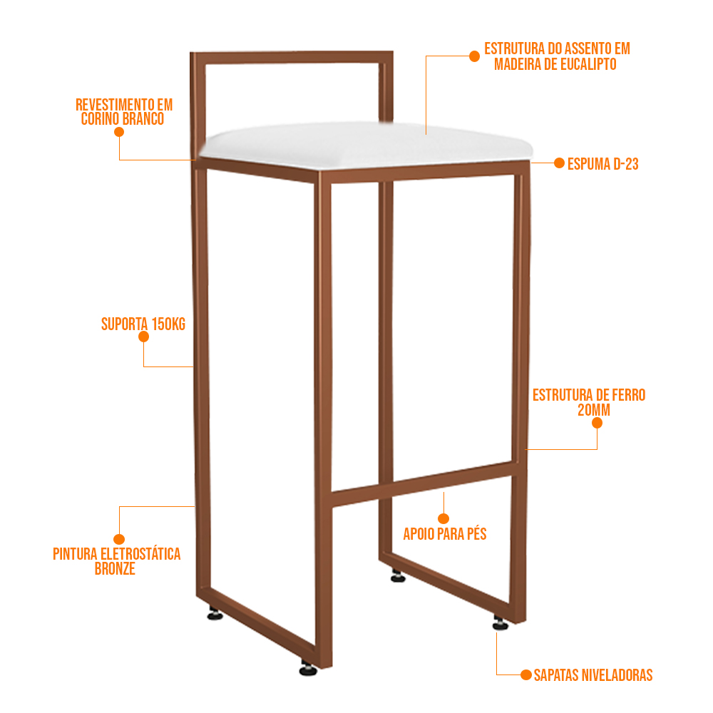 Kit 04 Banquetas Alta Para Cozinha Sala De Jantar Hanna L02 Bronze Corano Branco - Lyam Decor