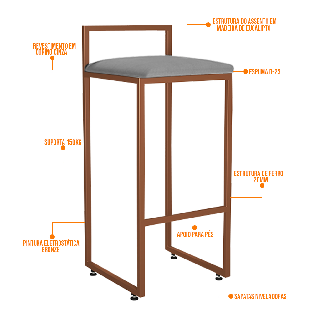 Kit 04 Banquetas Alta Para Cozinha Sala De Jantar Hanna L02 Bronze Corano Cinza - Lyam Decor