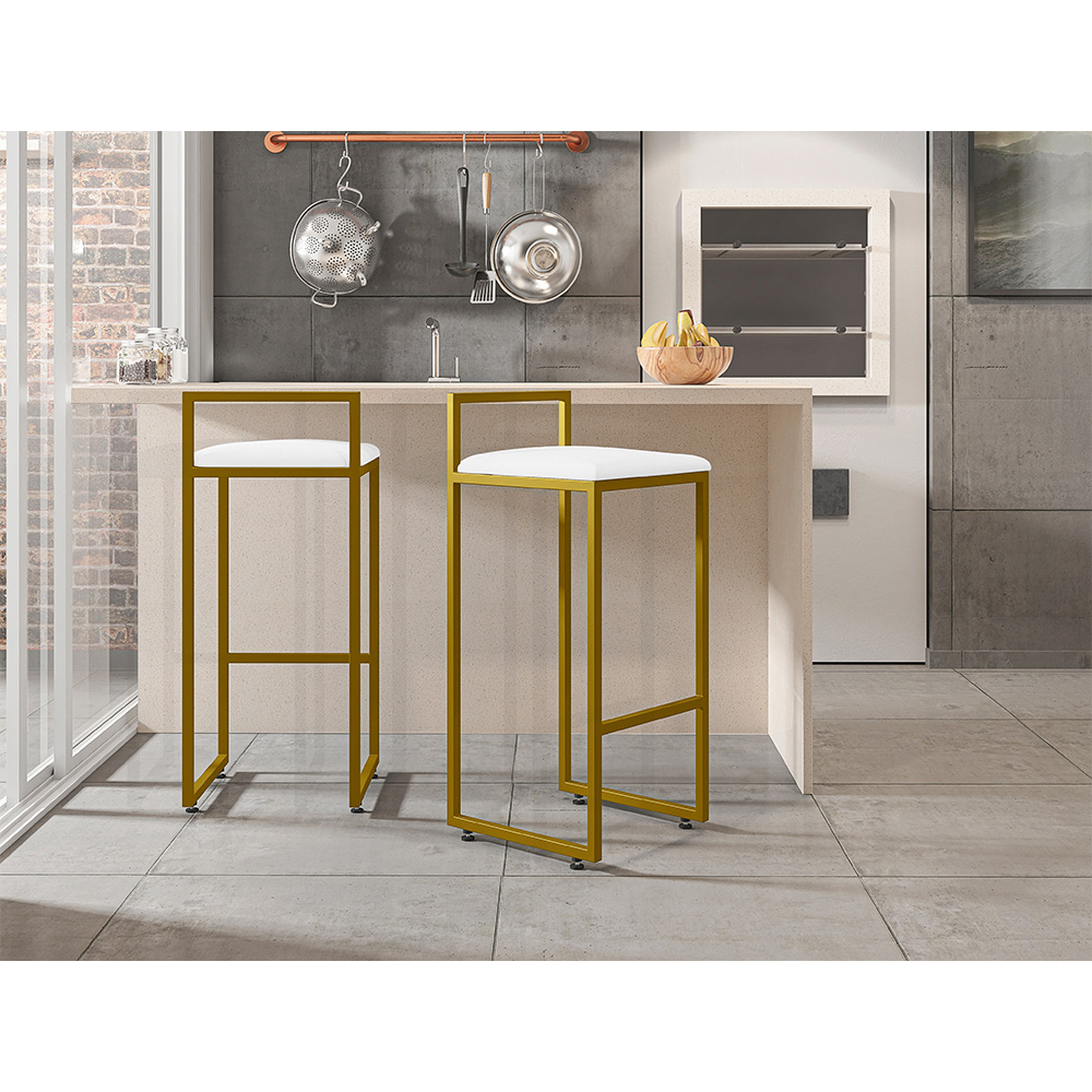 Kit 04 Banquetas Alta Para Cozinha Sala De Jantar Hanna L02 Dourado Corano Branco - Lyam Decor