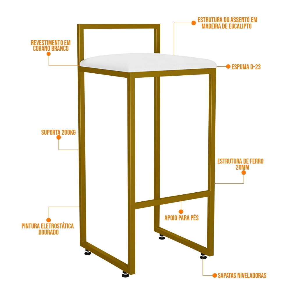 Kit 04 Banquetas Alta Para Cozinha Sala De Jantar Hanna L02 Dourado Corano Branco - Lyam Decor