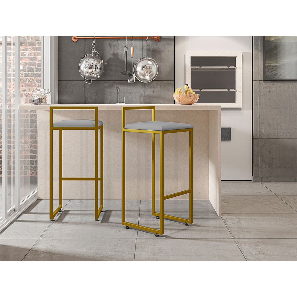 Kit 04 Banquetas Alta Para Cozinha Sala De Jantar Hanna L02 Dourado Corano Cinza - Lyam Decor
