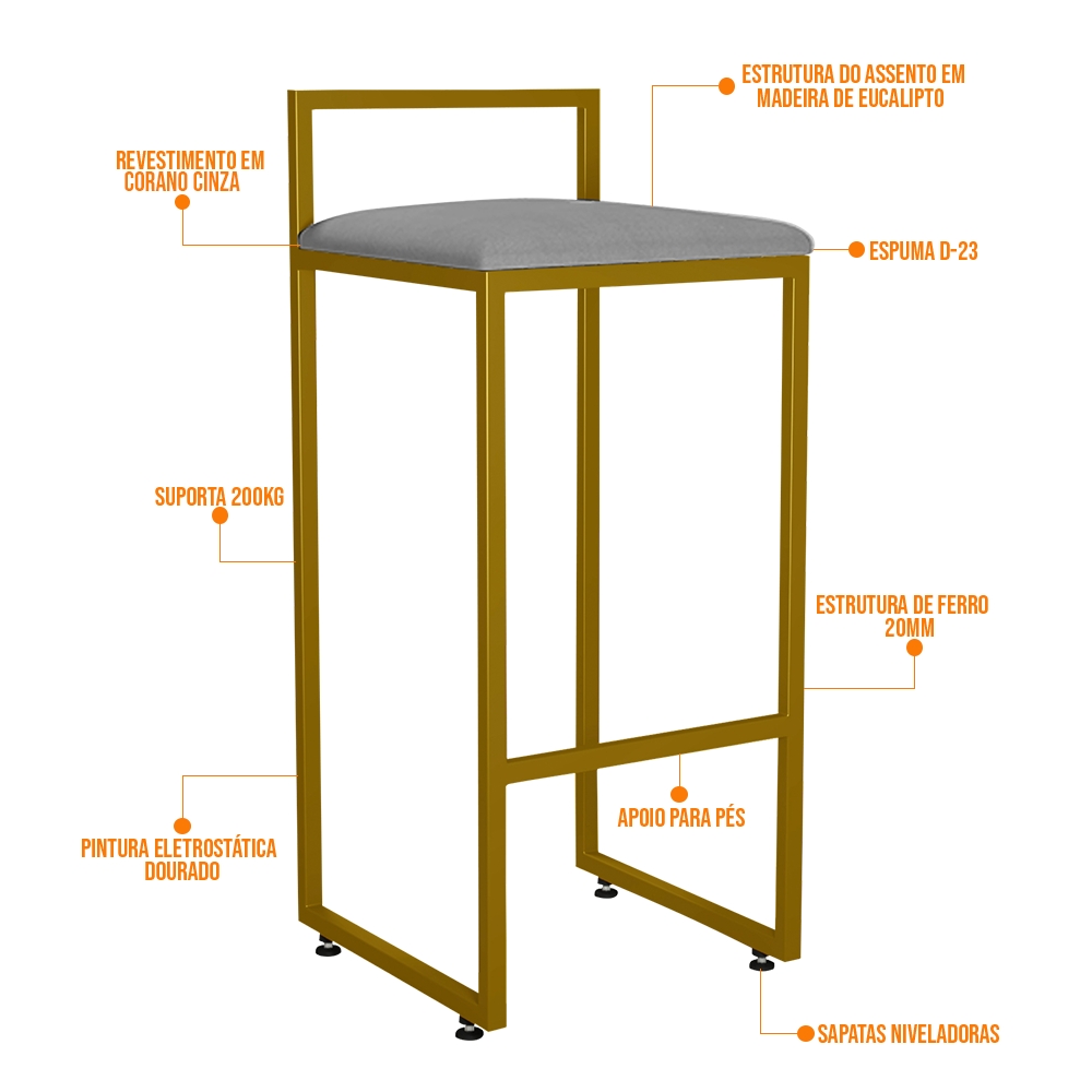 Kit 04 Banquetas Alta Para Cozinha Sala De Jantar Hanna L02 Dourado Corano Cinza - Lyam Decor