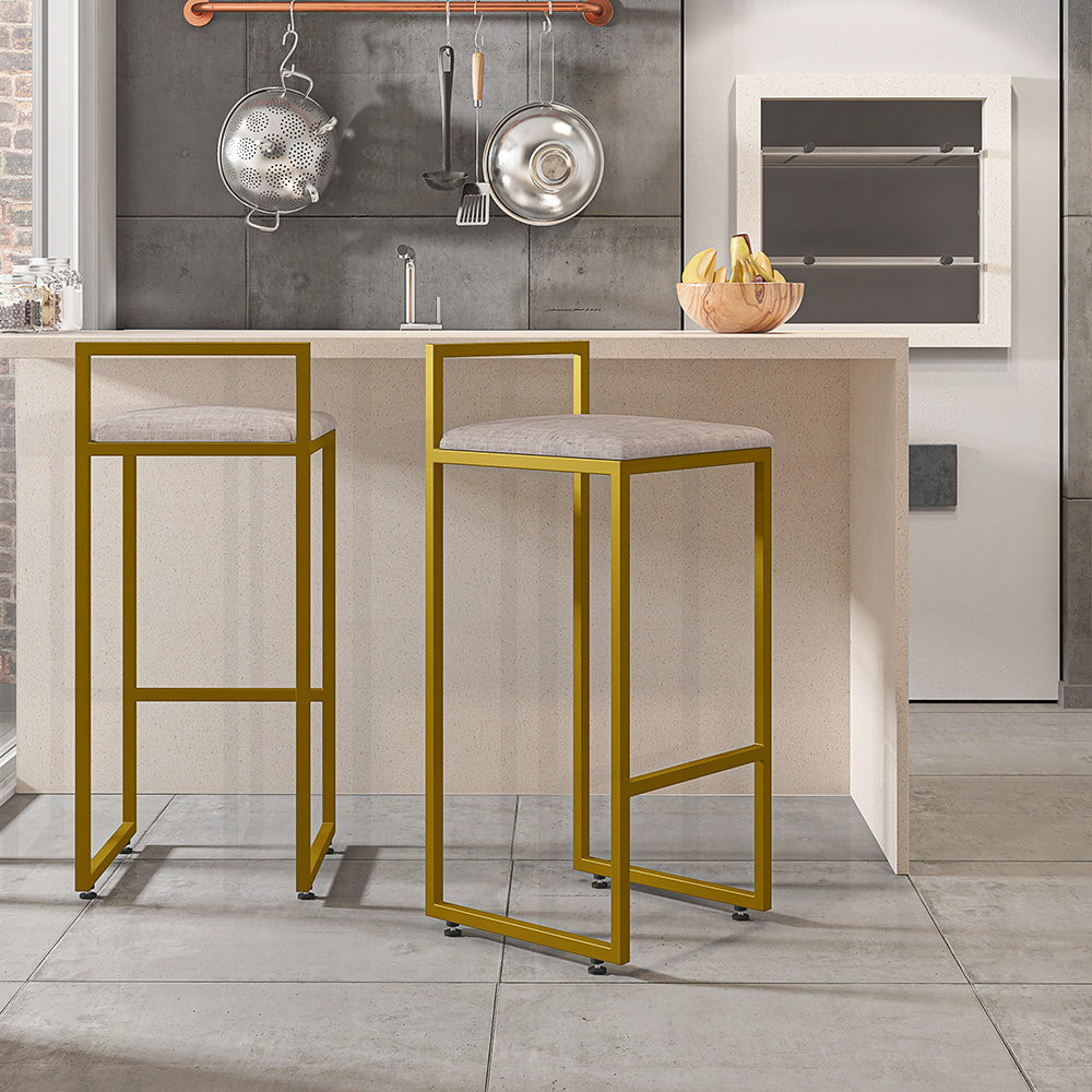 Kit 04 Banquetas Alta Para Cozinha Sala De Jantar Hanna L02 Dourado Linho Bege - Lyam Decor