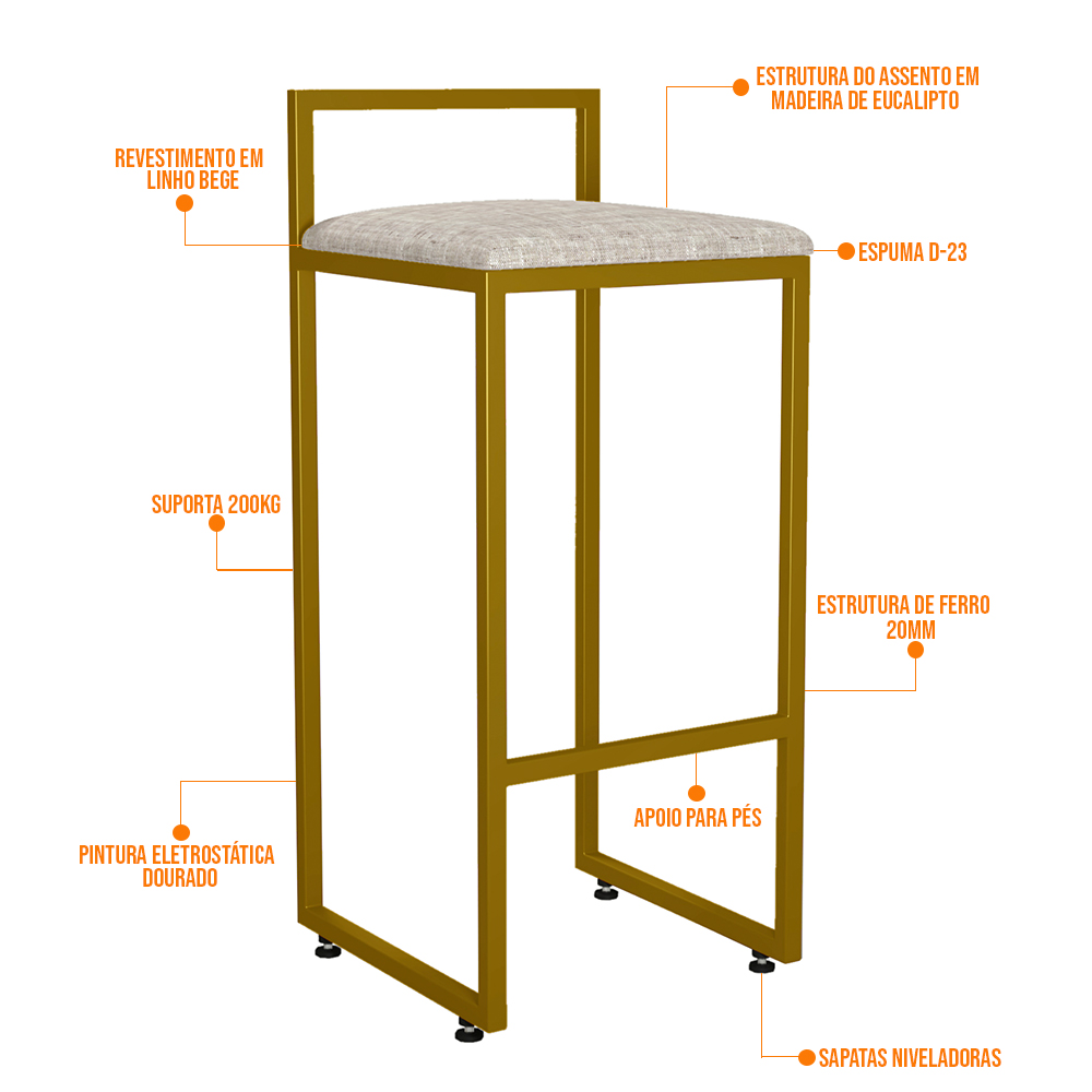 Kit 04 Banquetas Alta Para Cozinha Sala De Jantar Hanna L02 Dourado Linho Bege - Lyam Decor