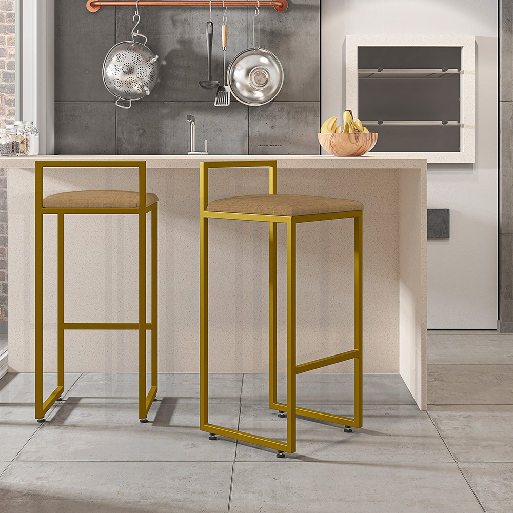 Kit 04 Banquetas Alta Para Cozinha Sala De Jantar Hanna L02 Dourado Linho Bege Escuro - Lyam Decor