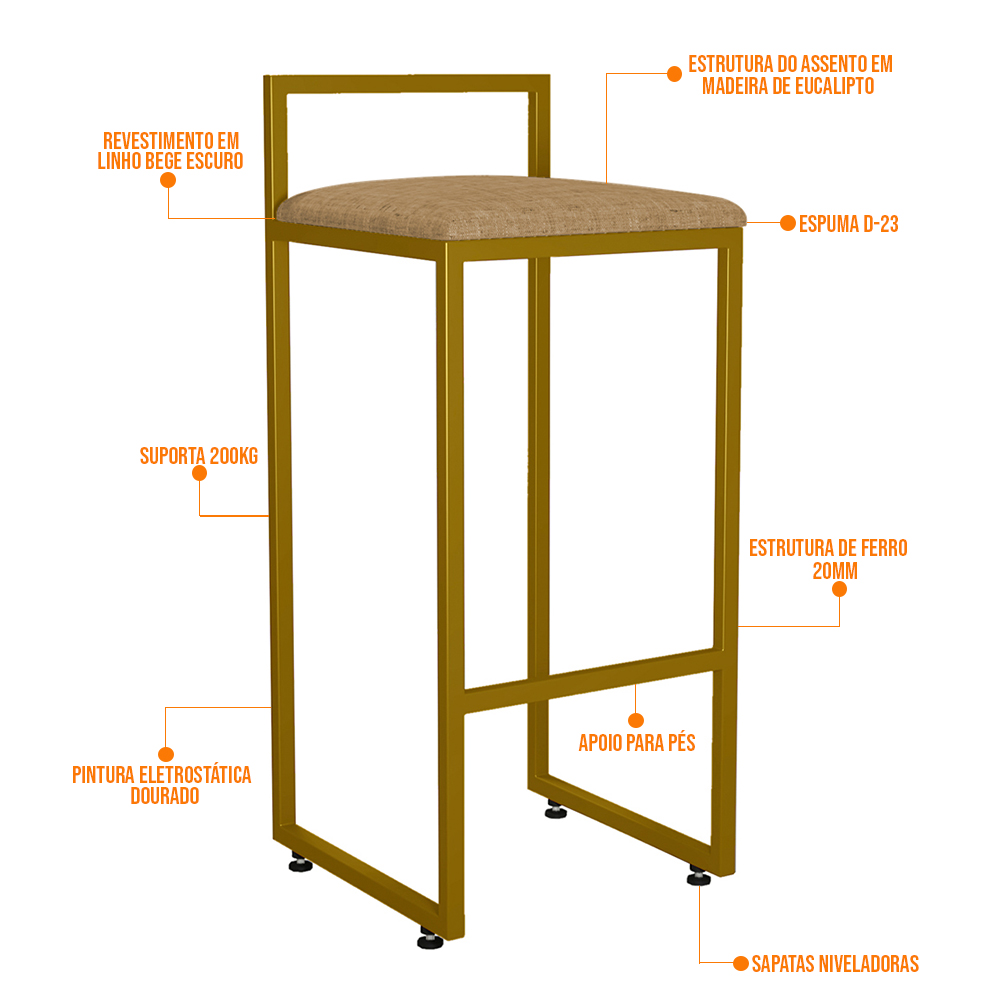 Kit 04 Banquetas Alta Para Cozinha Sala De Jantar Hanna L02 Dourado Linho Bege Escuro - Lyam Decor