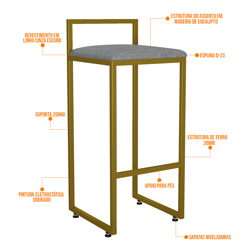 Kit 04 Banquetas Alta Para Cozinha Sala De Jantar Hanna L02 Dourado Linho Cinza Escuro - Lyam Decor