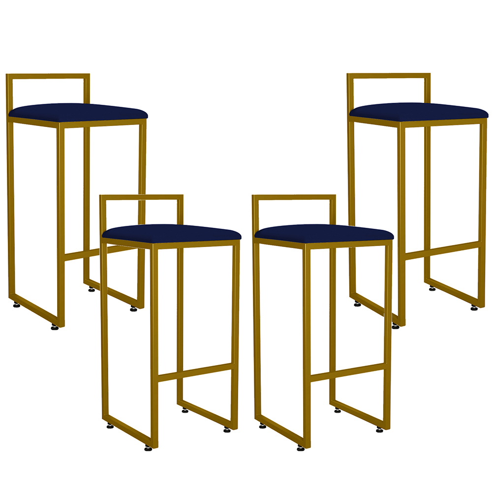 Kit 04 Banquetas Alta Para Cozinha Sala De Jantar Hanna L02 Dourado Suede Azul Marinho - Lyam Decor