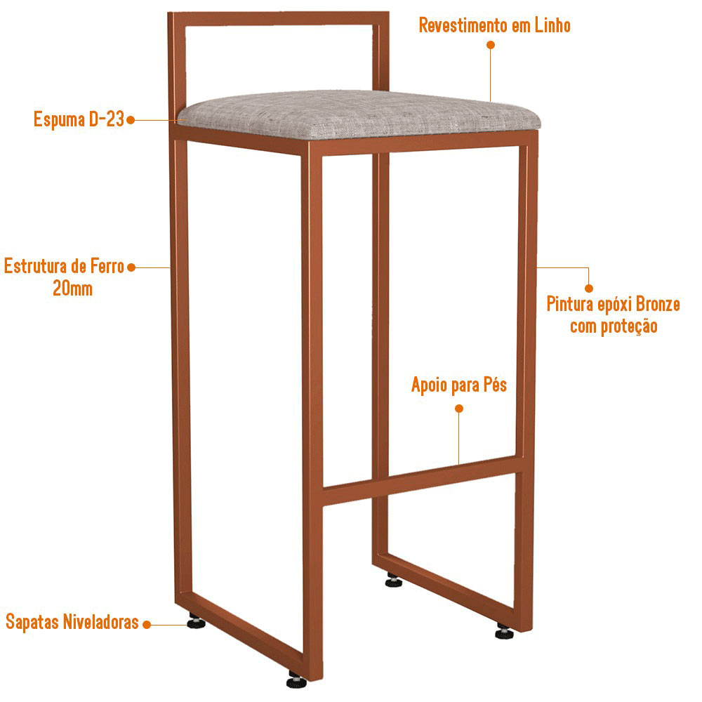 Kit 04 Banquetas Alta Para Cozinha Sala de Jantar Hanna L02 Bronze Linho Bege - Lyam Decor