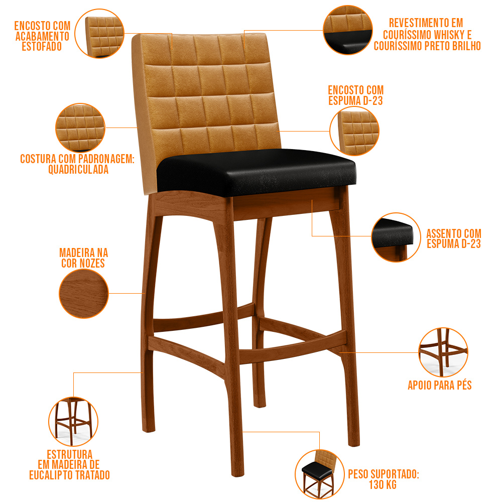 Kit 04 Banquetas Altas Cozinha Sala Jantar Fixa Mila L02 Couríssimo Whisky Couríssimo Preto - Lyam Decor